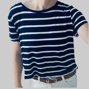Clean Lines Cropped Navy & White Striped Top – Size Large